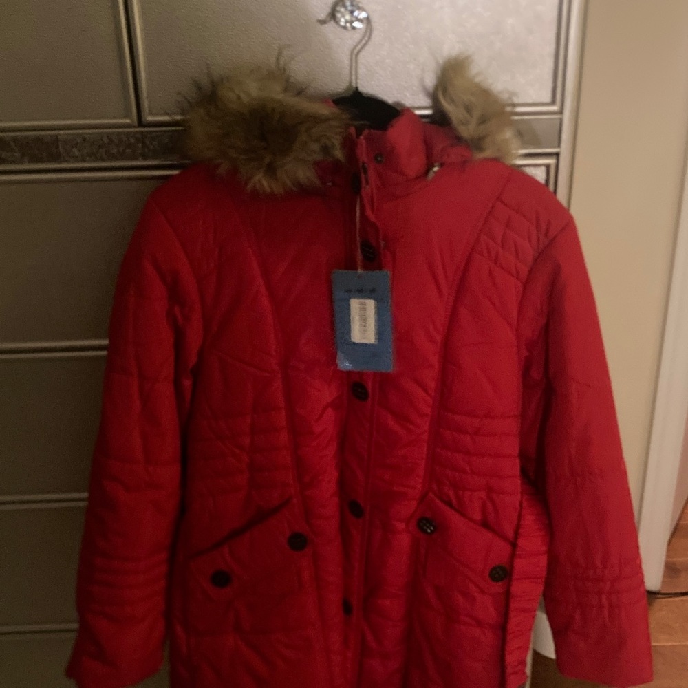 Women's Red Quilted Jacket with Faux Fur Hood